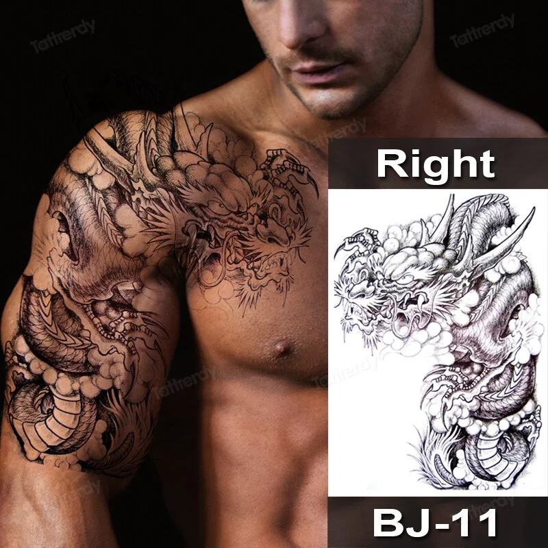 Sdrawing Fox Totem Dragon Waterproof Temporary Tattoos Body Art Arm Shoulder Chest Tattoo Sticker Black Tatouage Men Adult Large