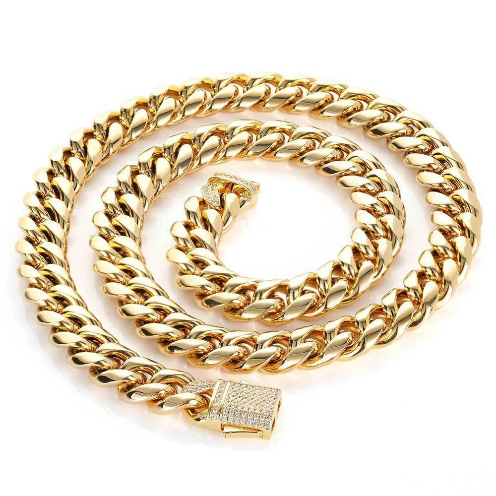 10/12mm  Hip Hop Miami Necklace Pave Zircon Spring Buckle Stainless Steel Cuban Chain Necklace-VESSFUL