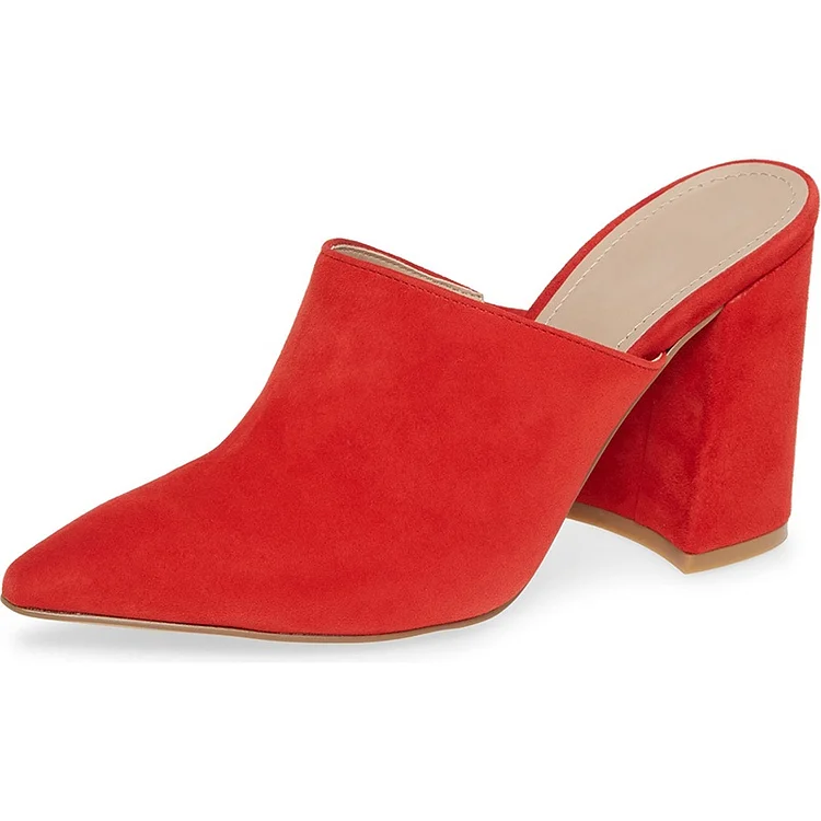 Red Vegan Suede Closed Pointed Toe Chunky Heel Mules for Women |FSJ Shoes