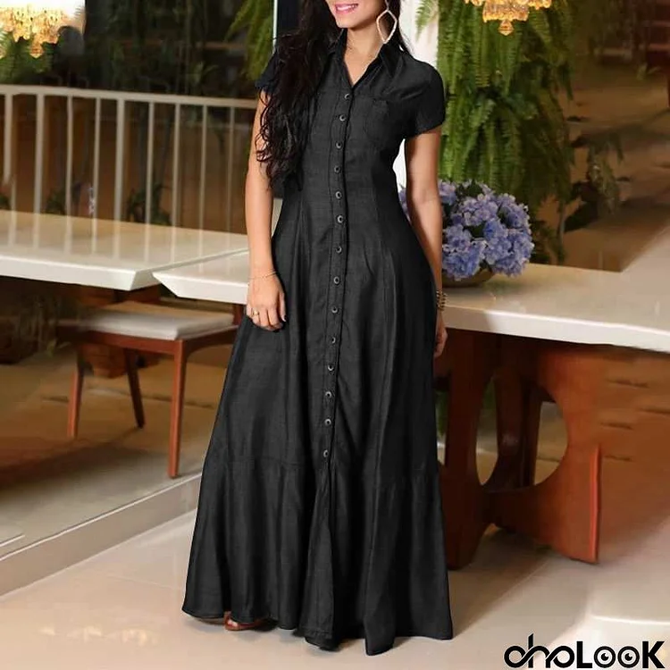 Women Fashion Casual Shirt Collar Pocket Large Dresses Denim Maxi Dress