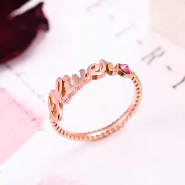 Personalized Name Ring with Birthstone Rope Band Ring for Women