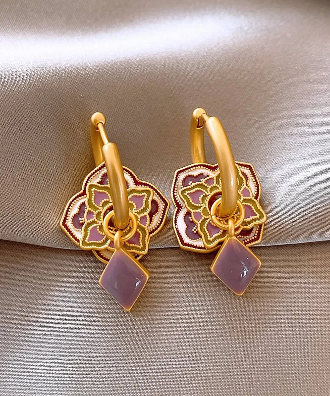 Classy Purple Copper Alloy Enamel Floral Hoop Earrings
