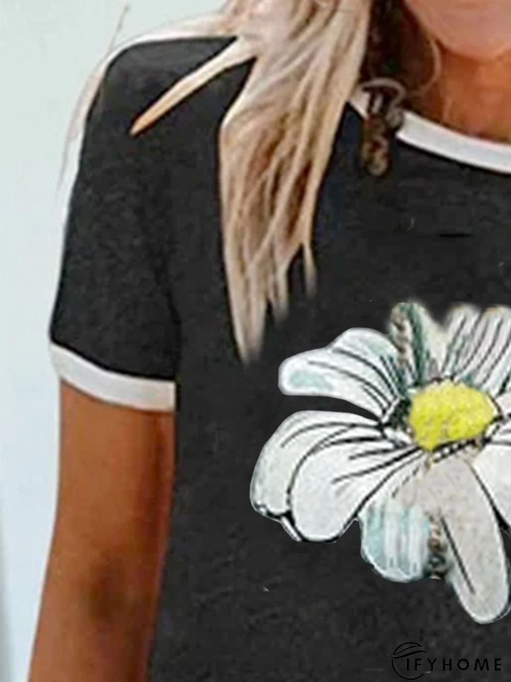 Casual short sleeve round neck chrysanthemum top | IFYHOME