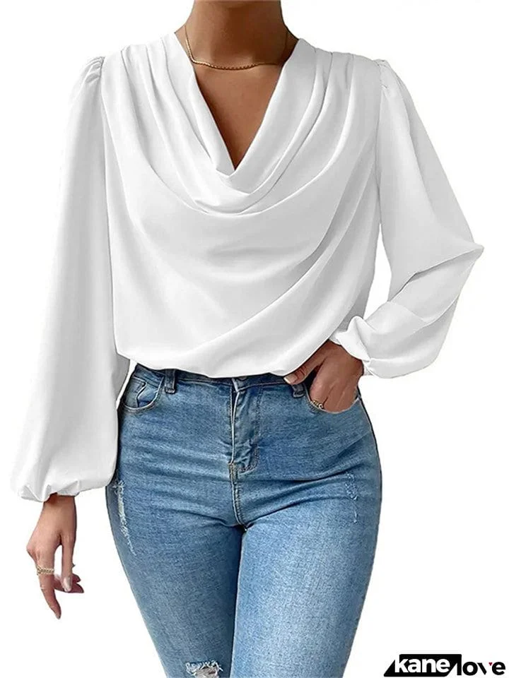 Fashion Drop Collar Puff Sleeve Pullover Blouses for Office Lady