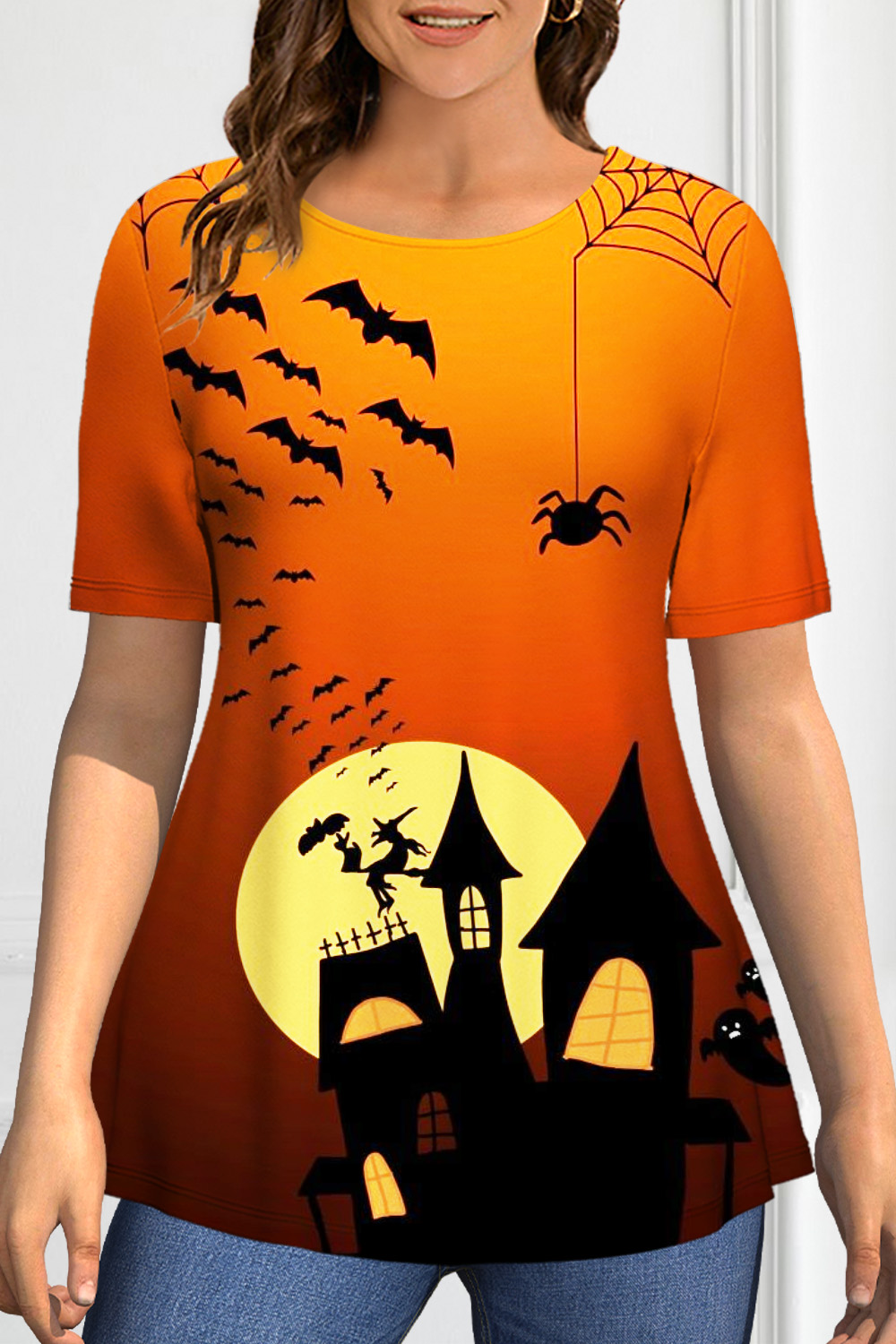 Flycurvy Plus Size Halloween Orange Bat Spider Castle Print T-Shirt