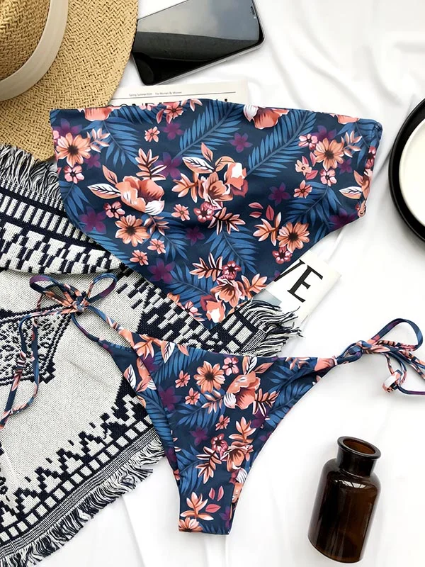 Floral Bandage Bandeau Tie Side Split Bikini Swimwear