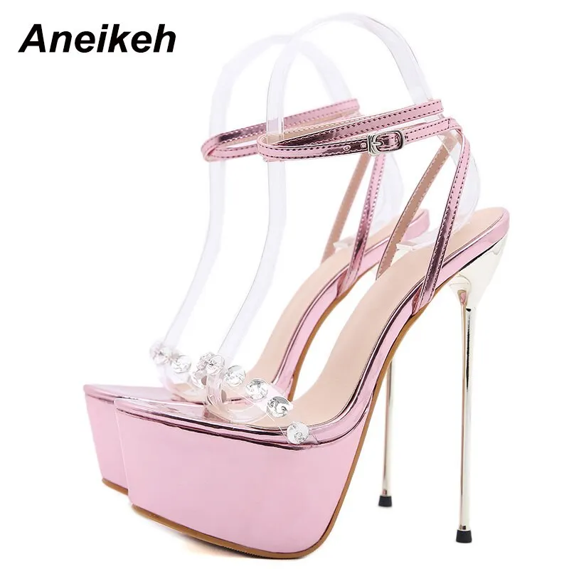 Aneikeh Sweet Women's Sandals 2021 PVC Crystal Patchwork Ankle Strap Platform Summer High Heels Wedding Pink Fashion Sexy Shoes