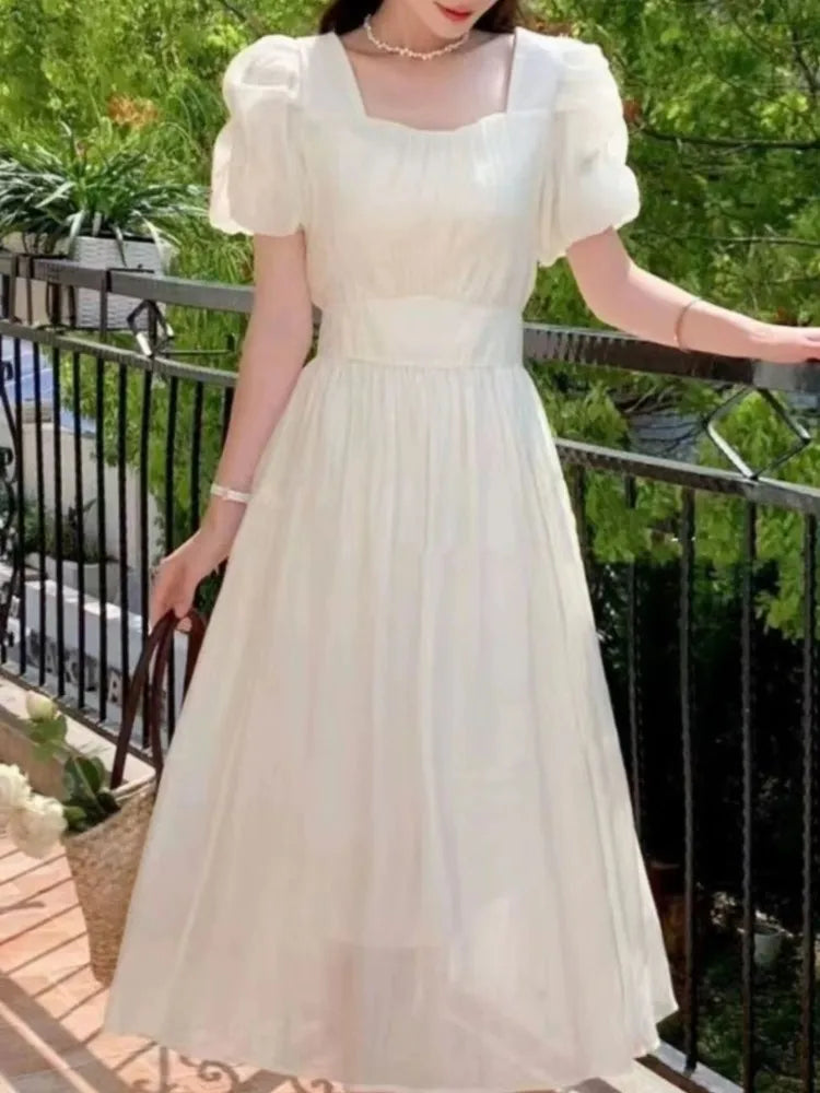 Aiertu Elegant and Chic Women Solid Summer Dress Vintage A-Line Short Sleeve Party Prom Dresses Female Clothes Long Robe New Aiertu