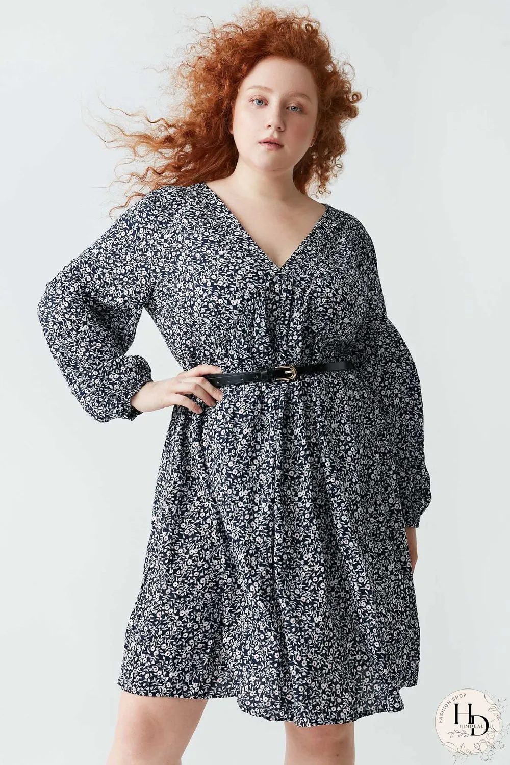 Floral-print Long-sleeved Dress(Without belt) P11995