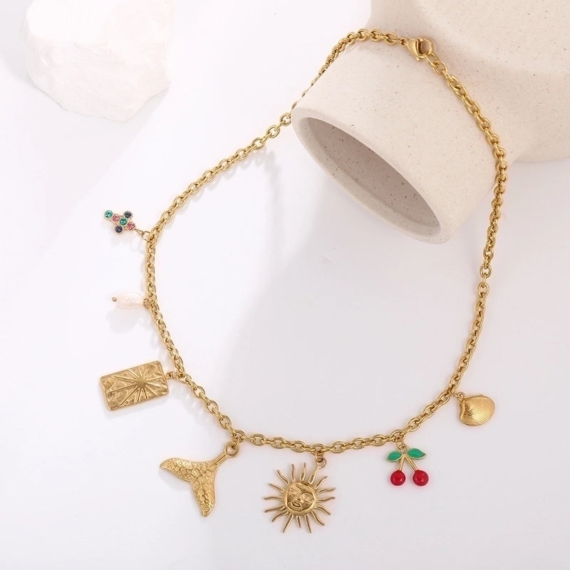 Vintage Style Classic Style Cross Cherry Fish Tail 304 Stainless Steel Rhinestones 18K Gold Plated Asymmetrical Multi Charms Necklace