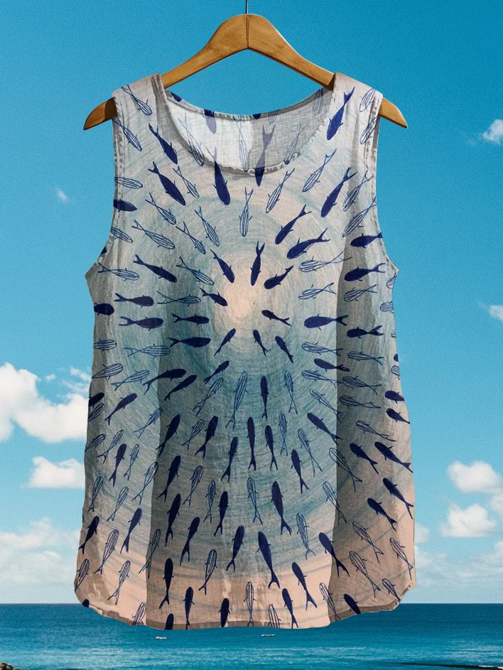 Men's Blue Shoal Of Fish Print Casual Tank Top