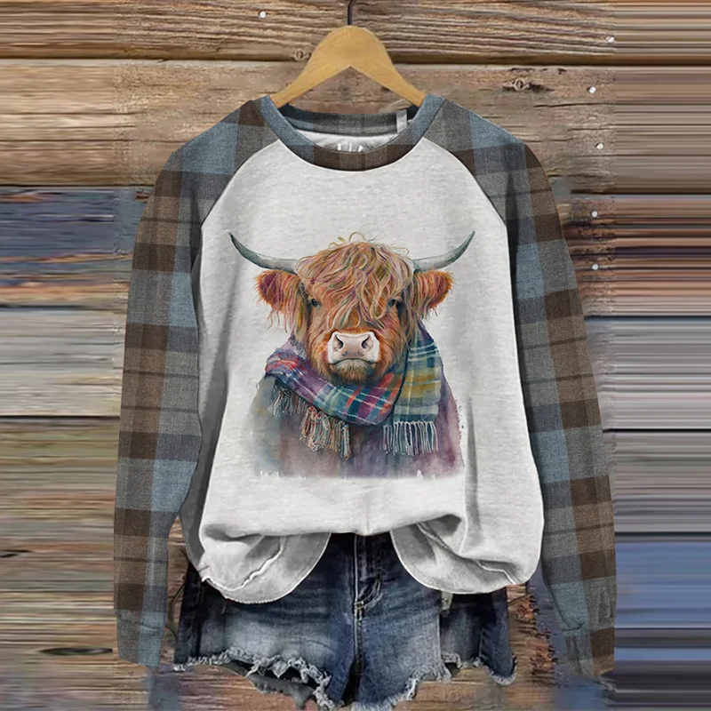 Vintage Highland Cow Plaid Raglan Sweatshirt