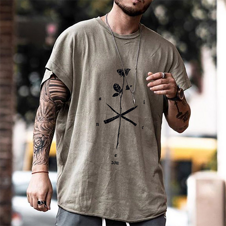 Men's fashion round collar printed basic loose T-shirt