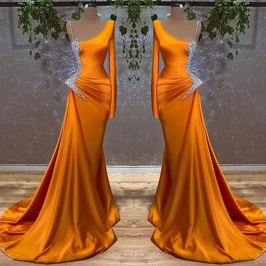 Miabel Long Sleeves Mermaid Burnt Orange Prom Dress With Beads