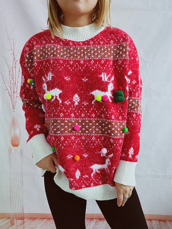 Women's Fawn Snowflake Jacquard Ball Christmas Sweater Scarf Two-piece Set Flusfy