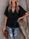 Solid Color Lace Split-Joint Short Sleeves Shirt Tops