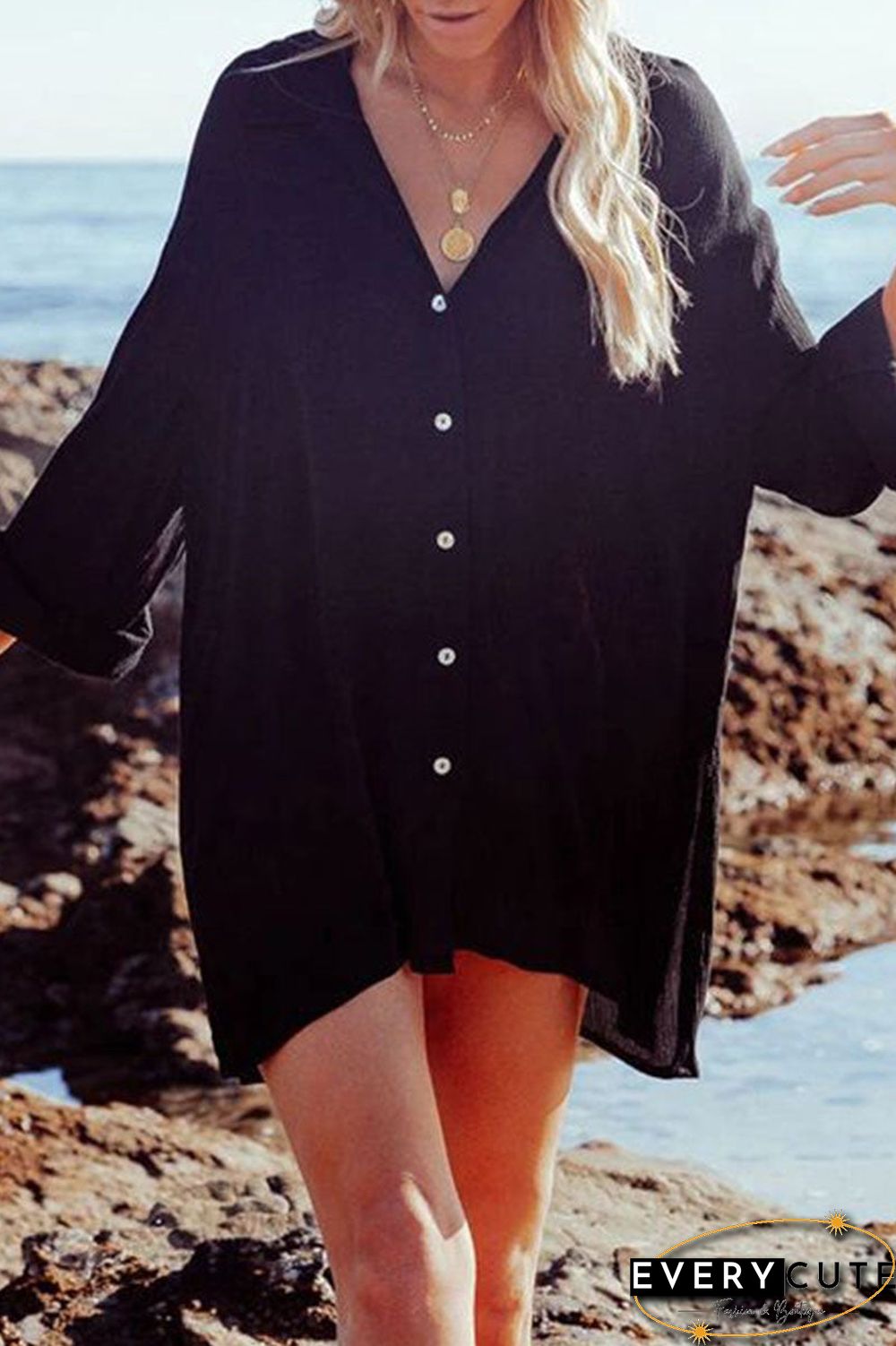 Casual Solid Split Joint Turndown Collar Tops