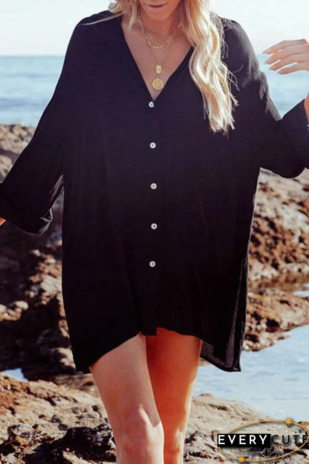 Casual Solid Split Joint Turndown Collar Tops