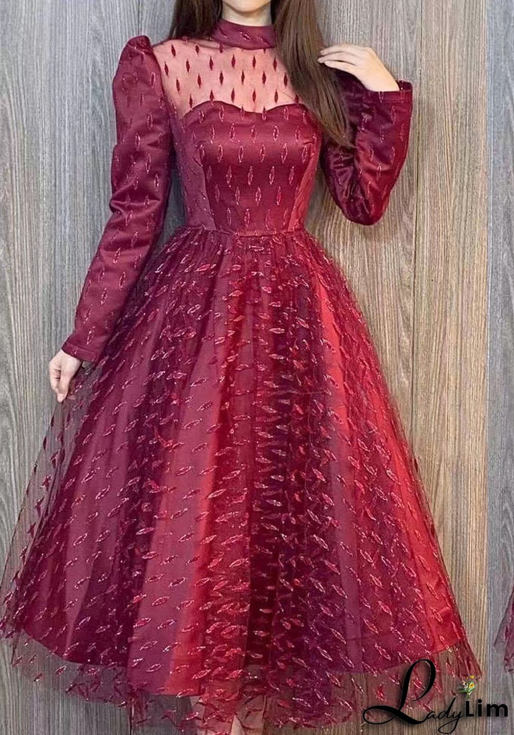 Womens Elegant Lace Round Neck Long Sleeve Dress