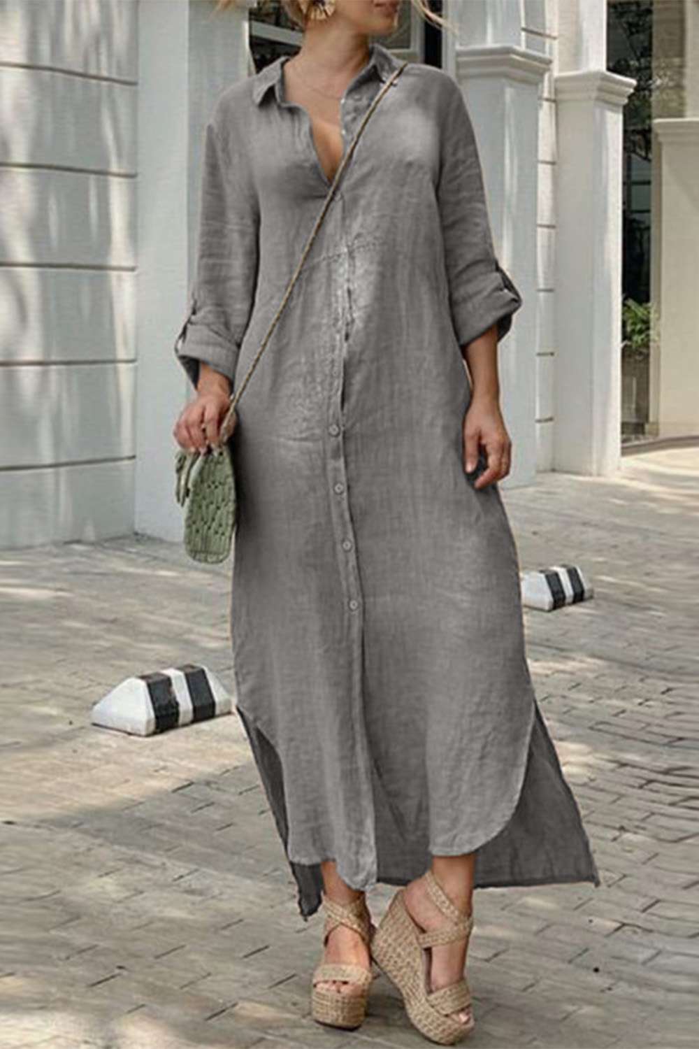 Plus Size Casual Gray Cotton And Linen Shirt Collar Button Long Sleeve Maxi Dress 2024 - Flycurvy 