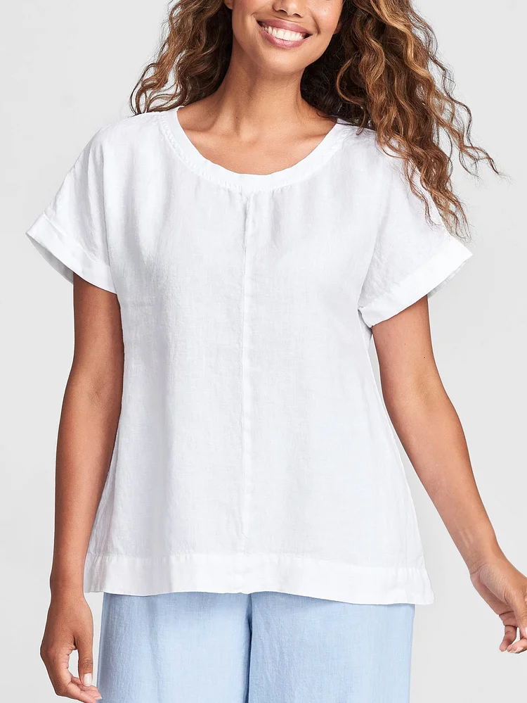 Natural Cotton And Linen Paneled Crew Neck T-Shirt