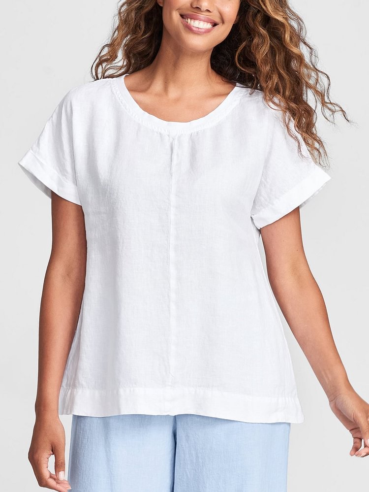 Natural Cotton And Linen Paneled Crew Neck T-Shirt