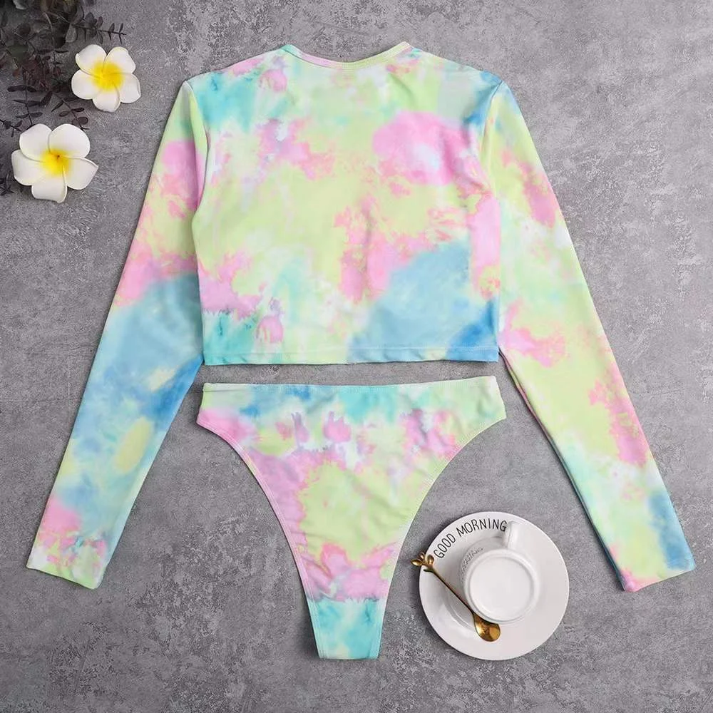 Uveng Uveng New Tie-Dye Multi-Color Print Long Sleeve Split Bikini Swimsuit