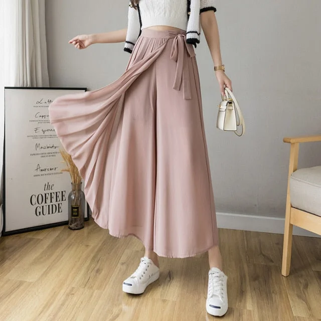 S-XXL Black/Blue/Pink Korean Style Pleated Chiffon Plus Size High Waist Pants SP17370