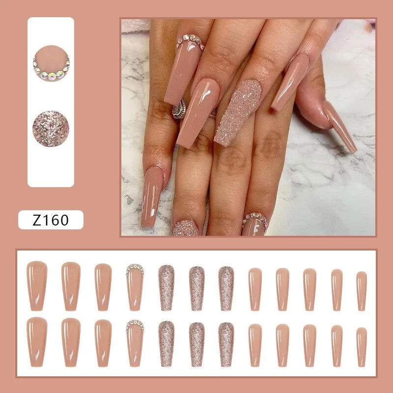 24pcs Fake Nails With Glue Fashion Shiny Crystals Decor Women Girll Nail Patch Sweet Style False Nail Patch Detachable Nail Tips