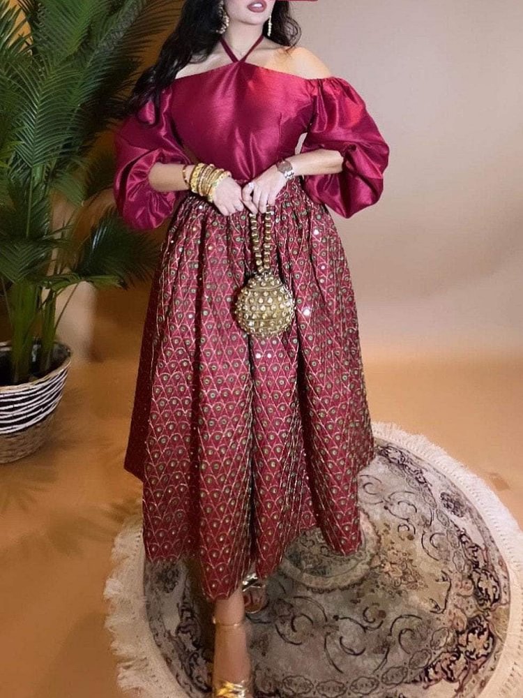 Elegant Embroidered Strap Off Shoulder Dress