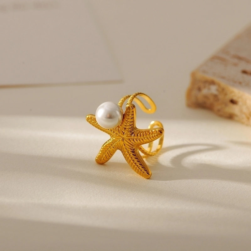 Beach Round Starfish 304 Stainless Steel Pearl 18K Gold Plated Plating Inlay Open Rings