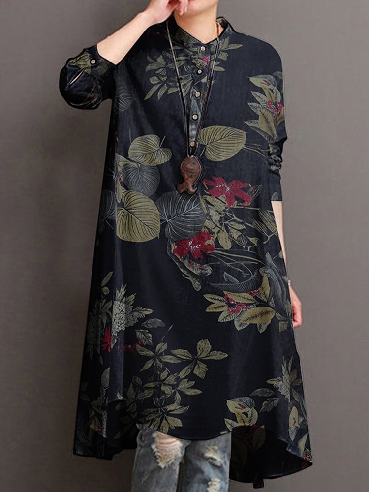 Casual Floral Print Stand Collar Long Sleeve Cotton Blouse - Shop Trendy Women's Fashion | TeeYours