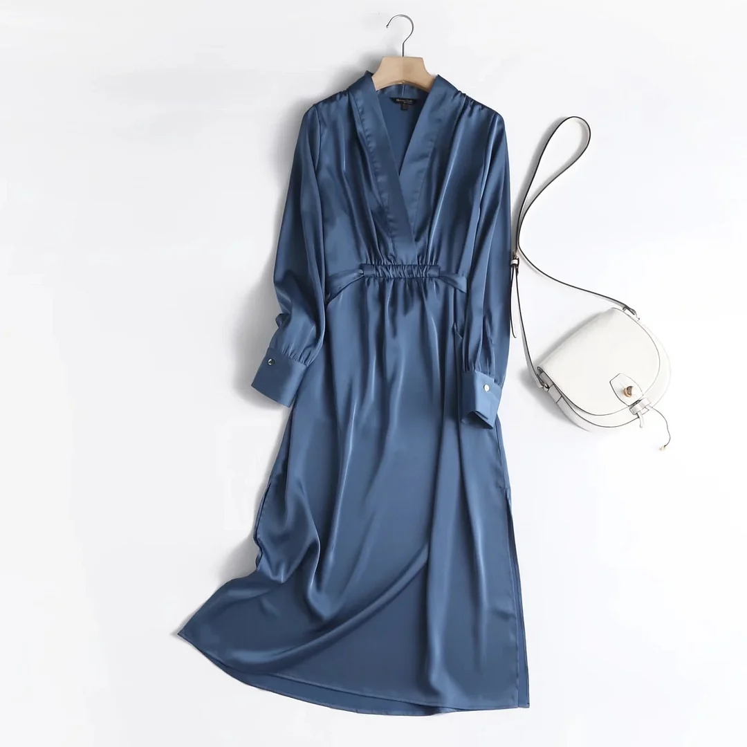 Christmas Gift Withered Autumn Loose Elegant Midi Dress Women England Style Fashion Simple Satin V-neck Party Dress Women Long Dresses Vestidos