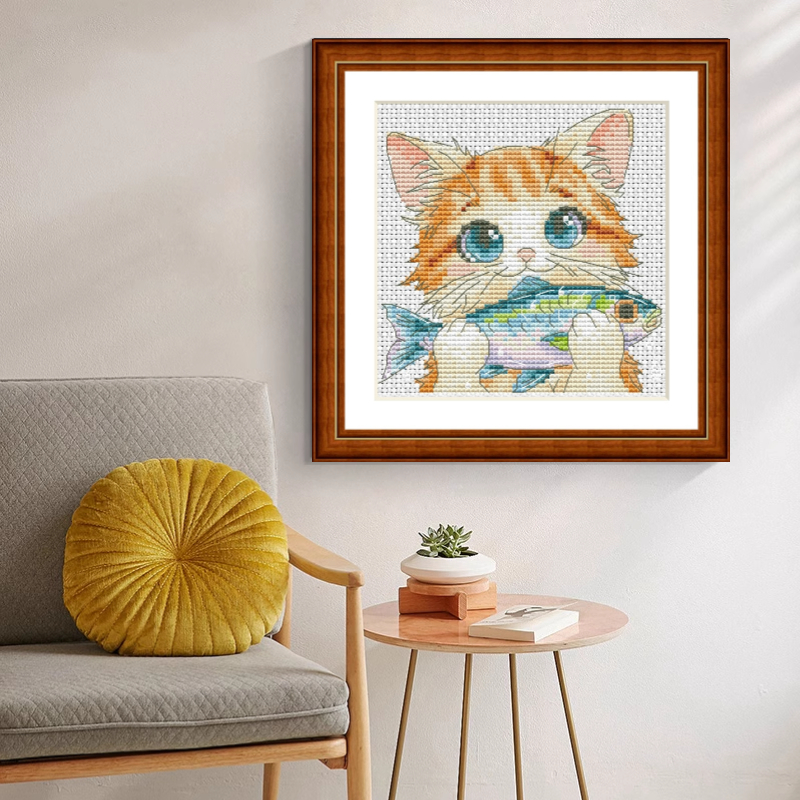 1set DIY Printed Cross Stitch Kit, 【CC2002- Kitten eating fish】 Painting Fairy Cross Stitch