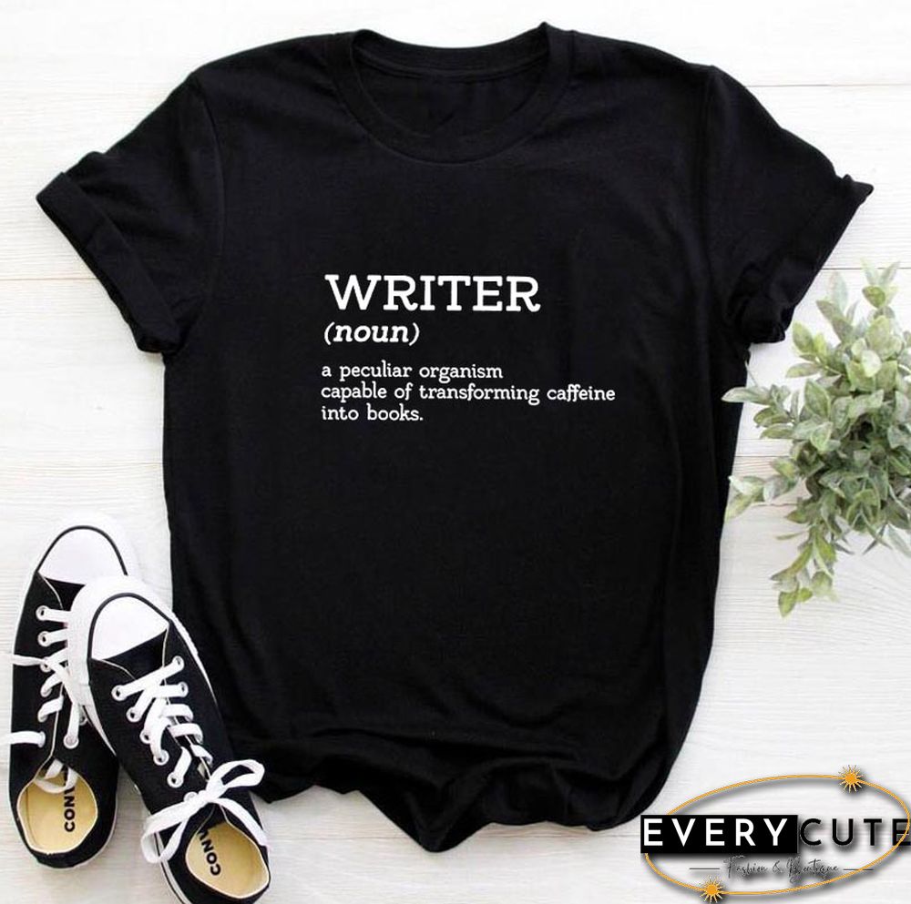 WRITER Printed Short Sleeve T-shirt Women Summer O-neck Cotton T Shirt Women Casual Loose Tee Shirt Femme Black & White