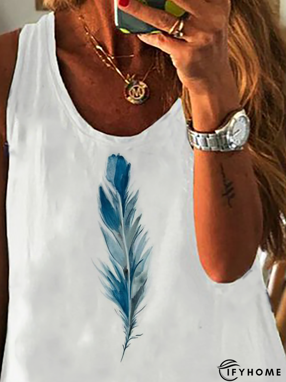 Plus size Feather Printed Casual Boho T-shirt | IFYHOME