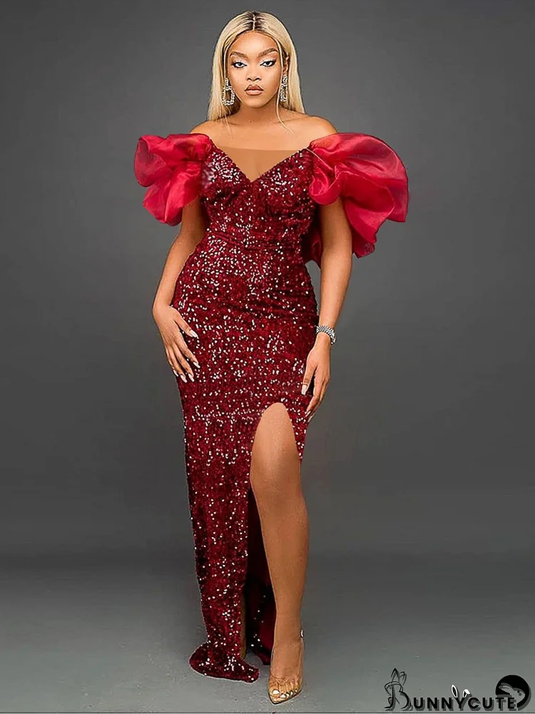 Sexy Ruffled V-Neck Chic Sequined Off Shoulder Long Dress Female Formal Party Evening Dress