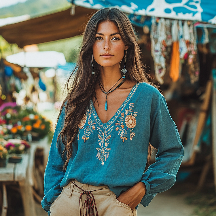 Utbros Casual Bohemian Embroidered Linen V-neck Shirt