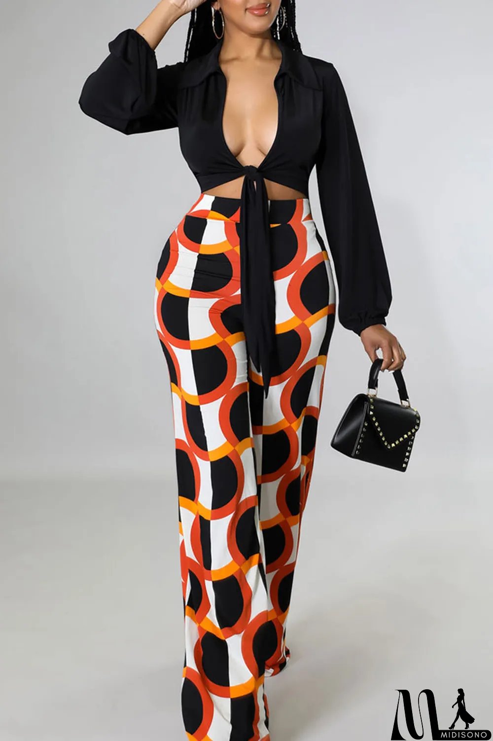 MidiSono - Black Casual Print Bandage Split Joint V Neck Long Sleeve Two Pieces