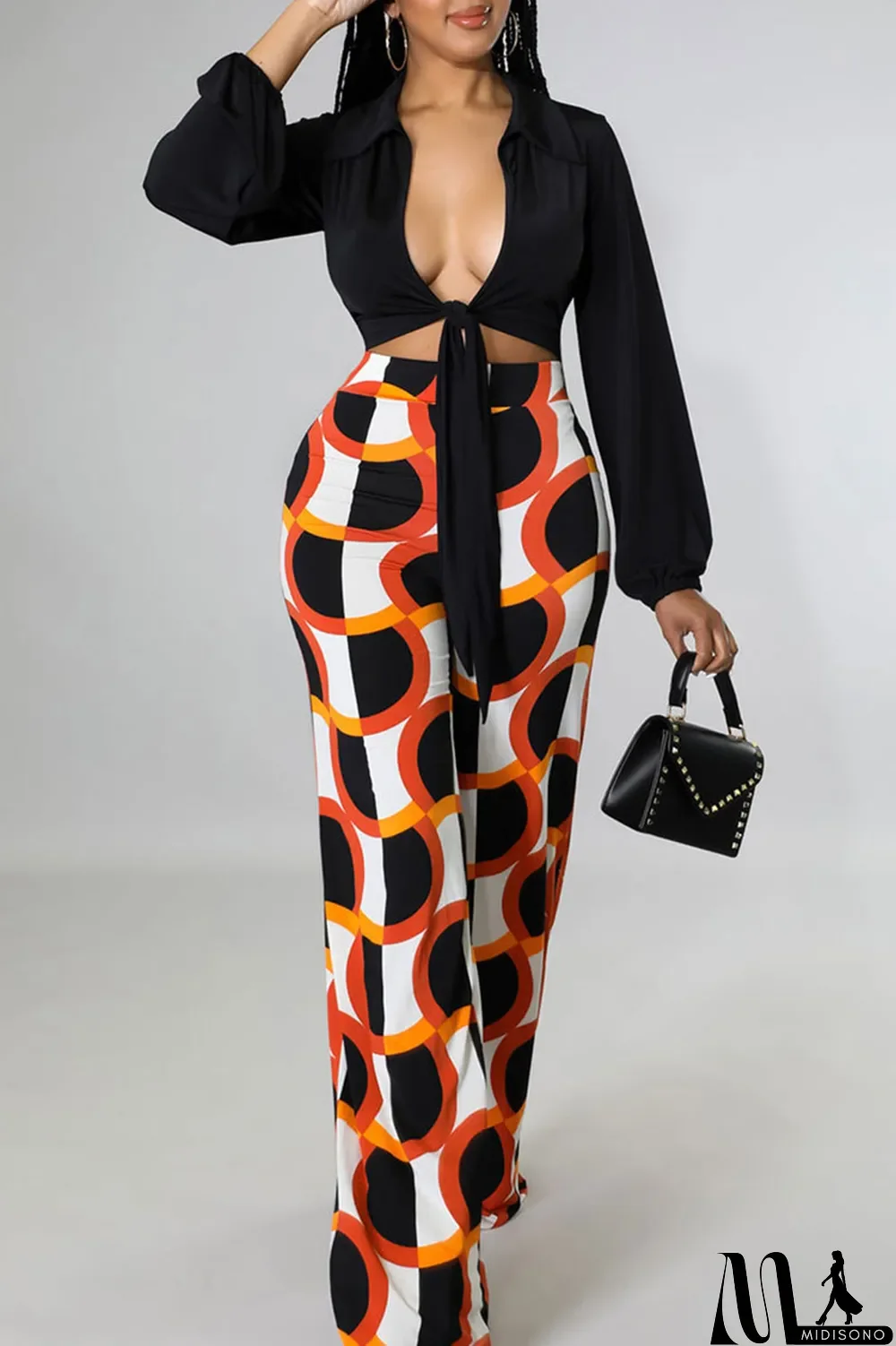 MidiSono - Black Casual Print Bandage Split Joint V Neck Long Sleeve Two Pieces