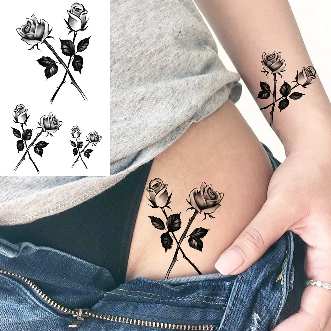 Black Little Flower Fashion Finger Temporary Tattoos For Women Adult Leaves Daisy Rose Fake Tattoo Letter Body Art Tatoos Decal