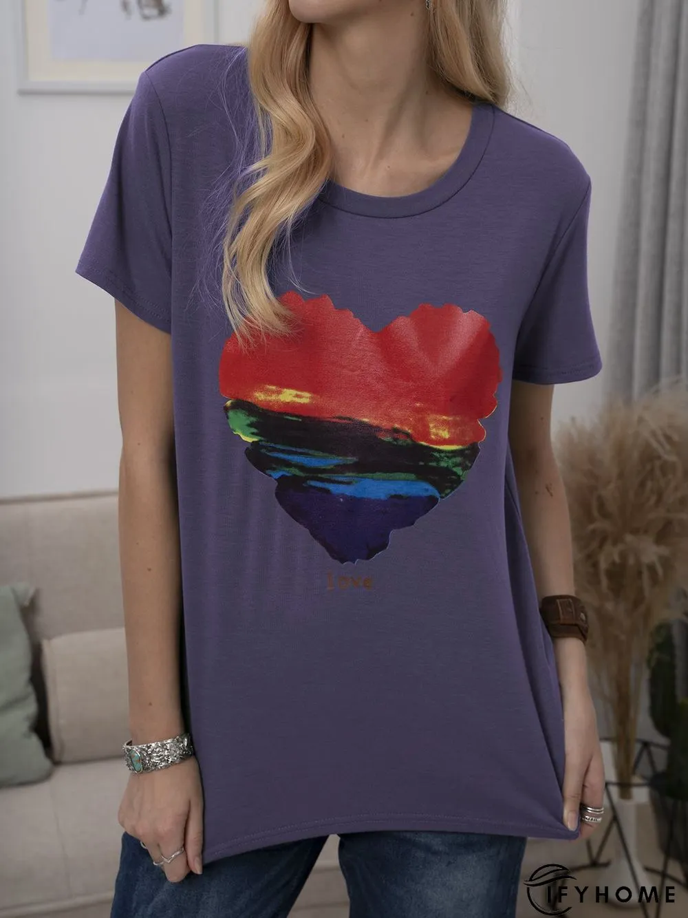 Plus Size Cotton-Blend Short Sleeve Geometric Casual T-shirt | IFYHOME