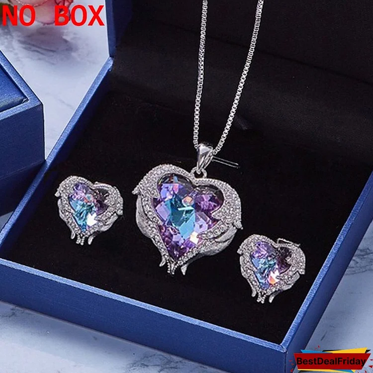 3pcs Crystals Angel Wings Pendant Earrings Heart Pendant Jewelry Set for Women Lady