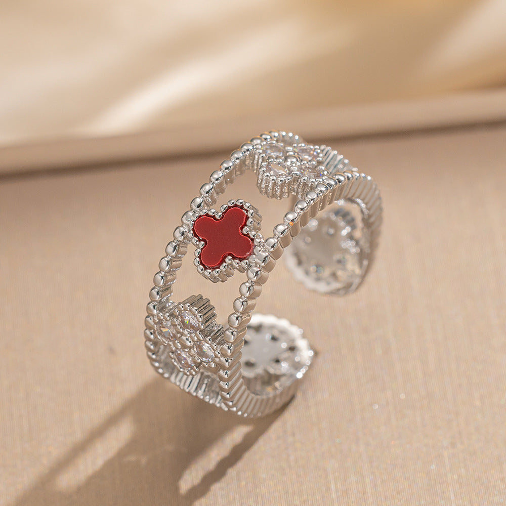 Ring Niche Four-Leaf Clover Zircon Ring Female Retro Open Adjustable Ring
