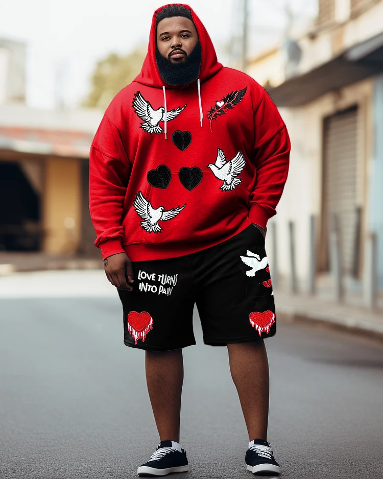 Men's Plus Size Hip Hop Dove Love Peace Graffiti Hoodie Shorts Two Piece Set