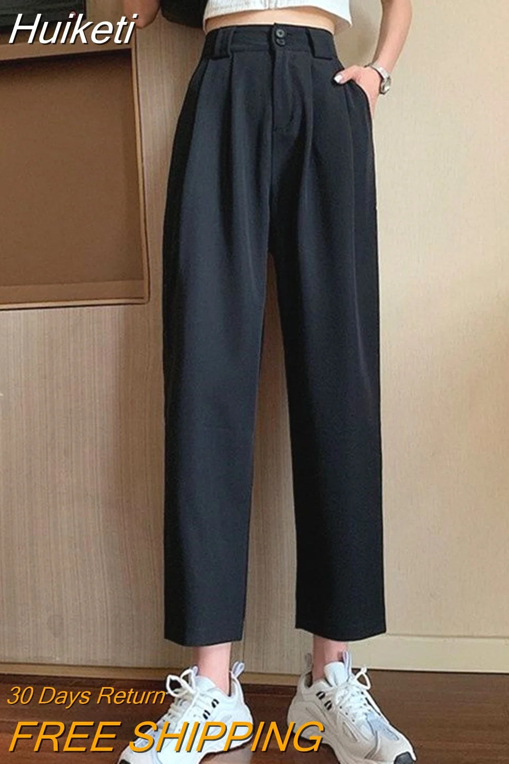 Huiketi Black Pants Fashion Single Breasted Korean Style Women Ankle-Length Pants Casual Pockets Slim Office Ladies Pants 5XL New