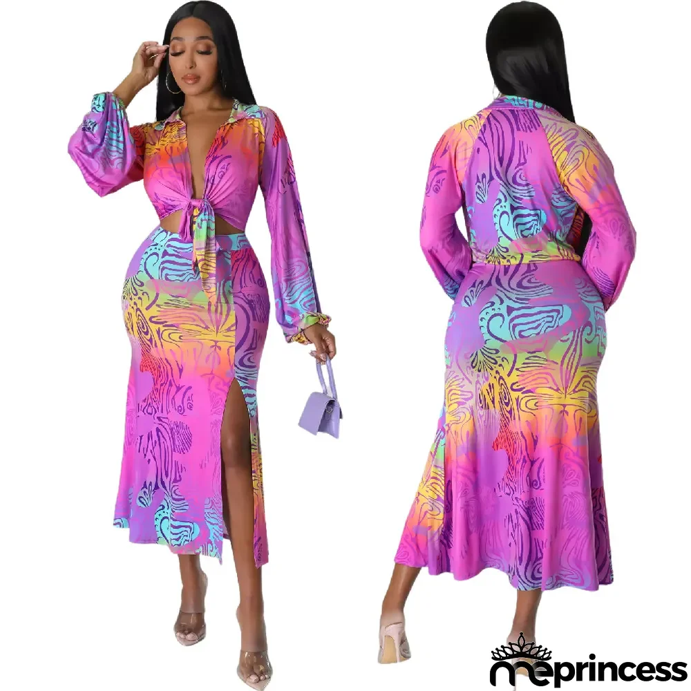 Sexy Lace-Up Long Sleeve Cardigan Pop Print Slit Skirt Two-Piece Set
