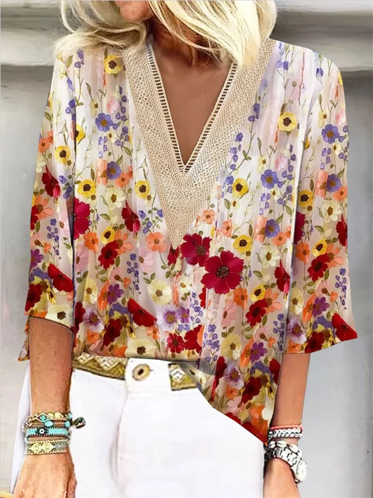 Casual Floral Lace Print Loose V-Neck Top