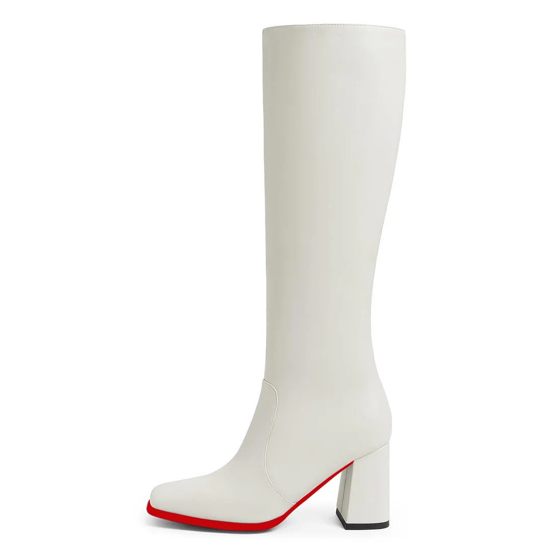 95mm Women's Knee Boots Red Bottom Block Chunky Heels Zipper Fashion Sexy Daily Matte Boot-MERUMOTE