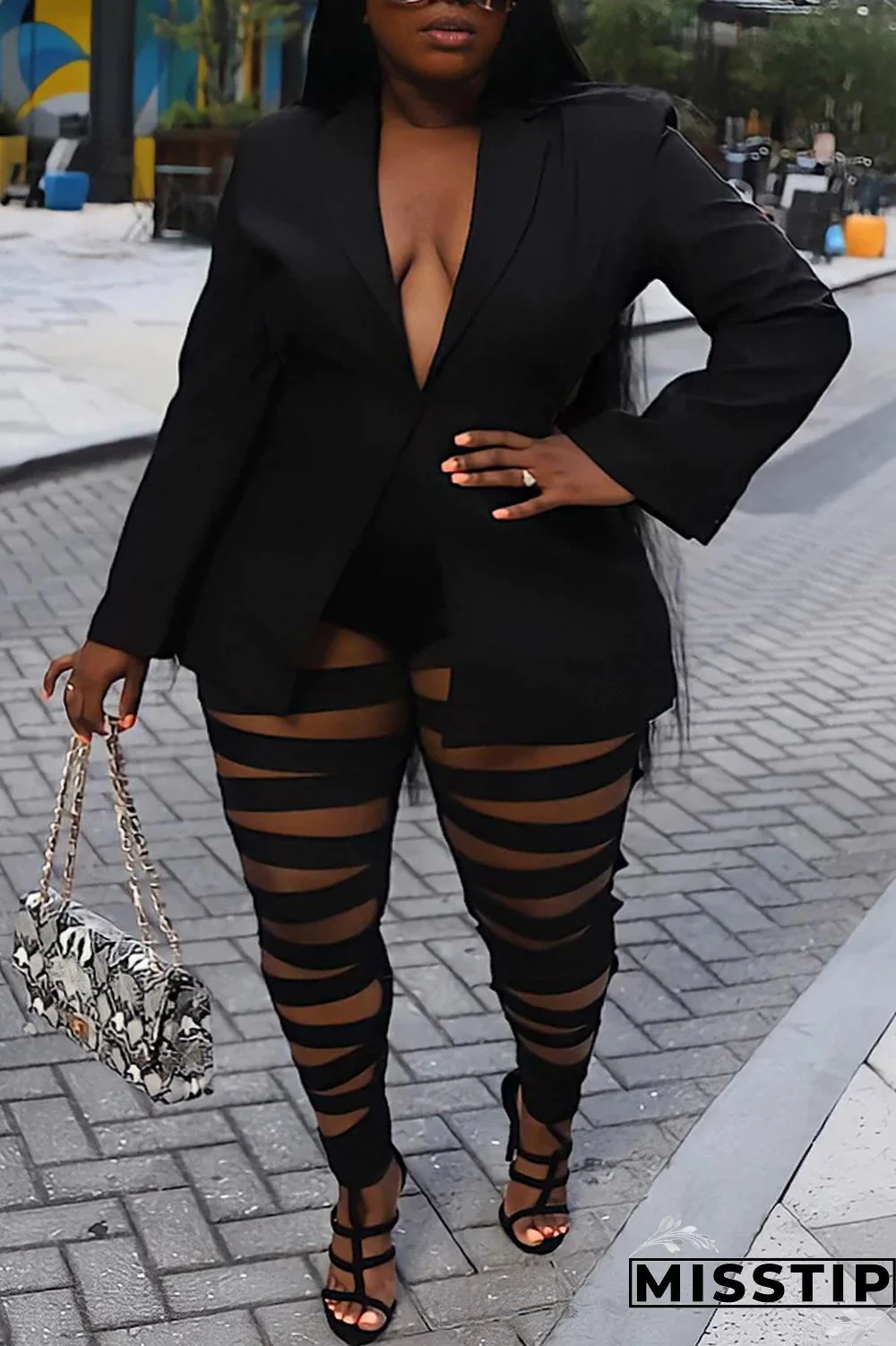Black Fashion Casual Plus Size Solid Hollowed Out Patchwork Turn-back Collar Long Sleeve Two Pieces